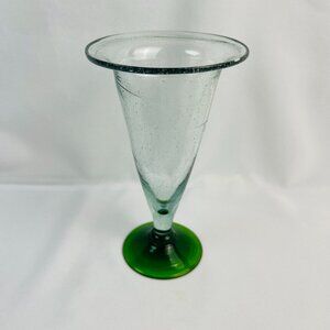 Elegant Vintage Hand-Blown Clear Glass Vase with Emerald Green Base 8 1/2"